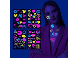 4 Folhas Tatuagens Temporárias Neon, 80+ Desenhos Brilhantes Glow Uv, Tatuagens Corporais Faciais À Prova D'água