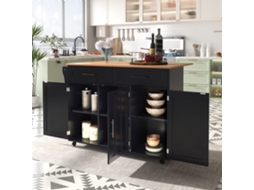 Carrinho De Cozinha 129x46 X91,5 Cm Mesa Rebatível, Prateleiras Internas, 5 Rodas, 2 Gavetas Preto Estilo (71)