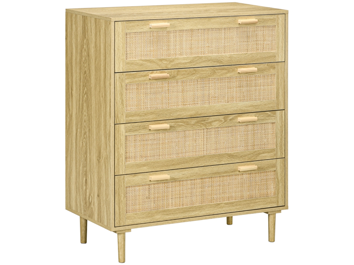 Cômoda 4 Gavetas Rattan Estilo Boêmio, Madeira Clara 90x45x108,5cm PROFESIA BOYANG