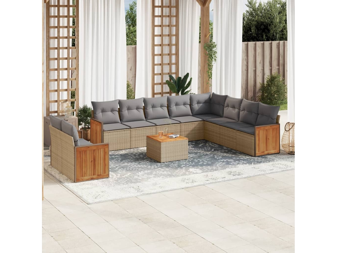 Vidaxl 11 Pcs Conjunto Sofás De Jardim C/ Almofadões Vime Pe Bege