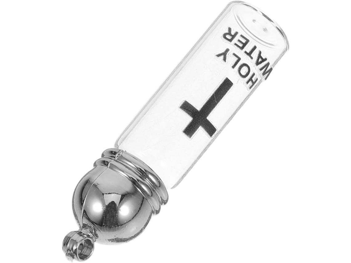 Garrafa de água benta católica com cruz, garrafa de vidro e acrílico que abre para batismo e uso religioso.
