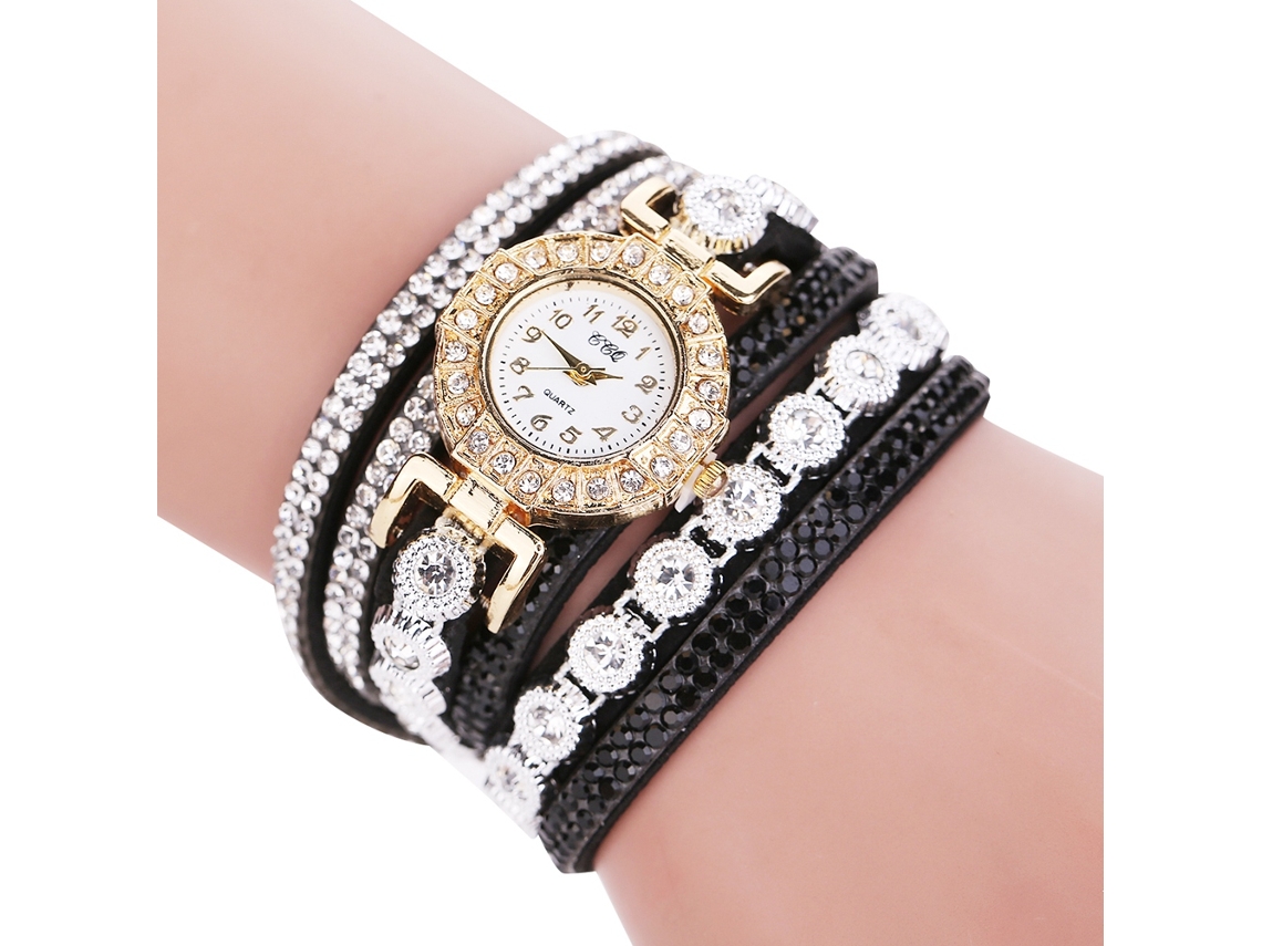 Relógio de Pulso Feminino Quartzo Camurça Multicamada com Strass Ccq (preto)