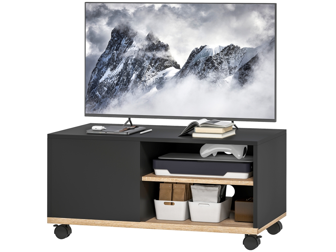 Móvel para TV com rodas preto, 80x45x41cm, para TVs de 42 polegadas, com porta e 2 prateleiras | S/MARCA