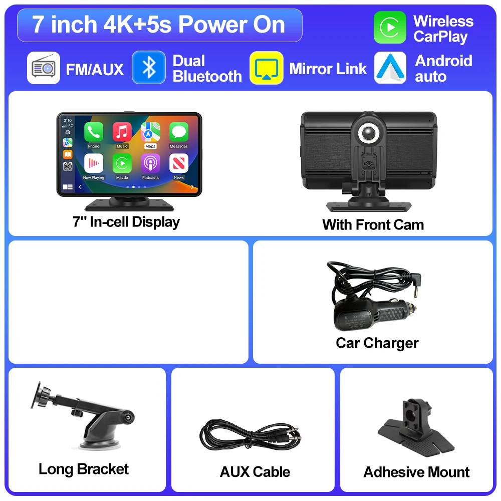 Câmera Veicular 4k De 7 Polegadas, Carplay Sem Fio, Lente Dupla E Gps.