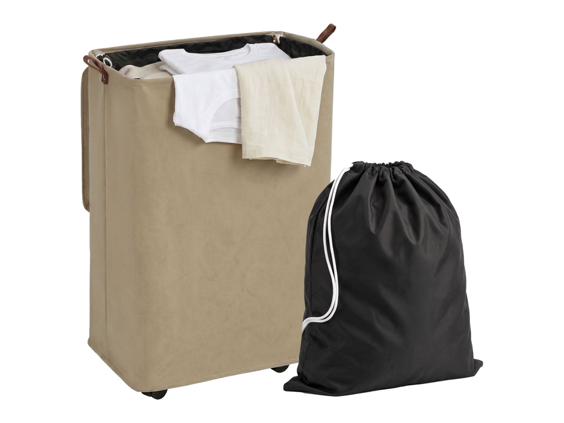 Laundry Basket With Lid And Wheels. 50l. Foldable With Removable Drawstring Bag. 40x30x65 Cm. Brown.