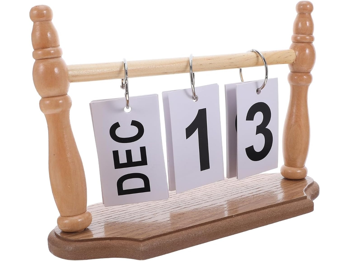 Calendário de Mesa Perpétuo Madeira Alipis, Reutilizável com Tampa Articulada, Planejador Mensal, Natural e de