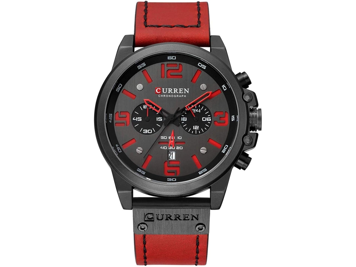 Lurelia Relógio Cronógrafo Masculino, Movimento De Quartzo, Couro, Resistente À Água 30m, Prata, Vermelho
