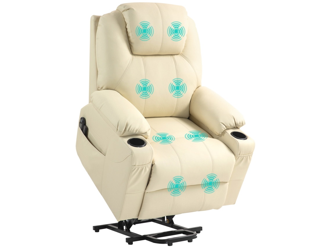 Poltrona Reclinável Elétrica Creme Pu 135° 8 Pontos Massagem 2 Porta copos Bolsos Laterais Controle Remoto