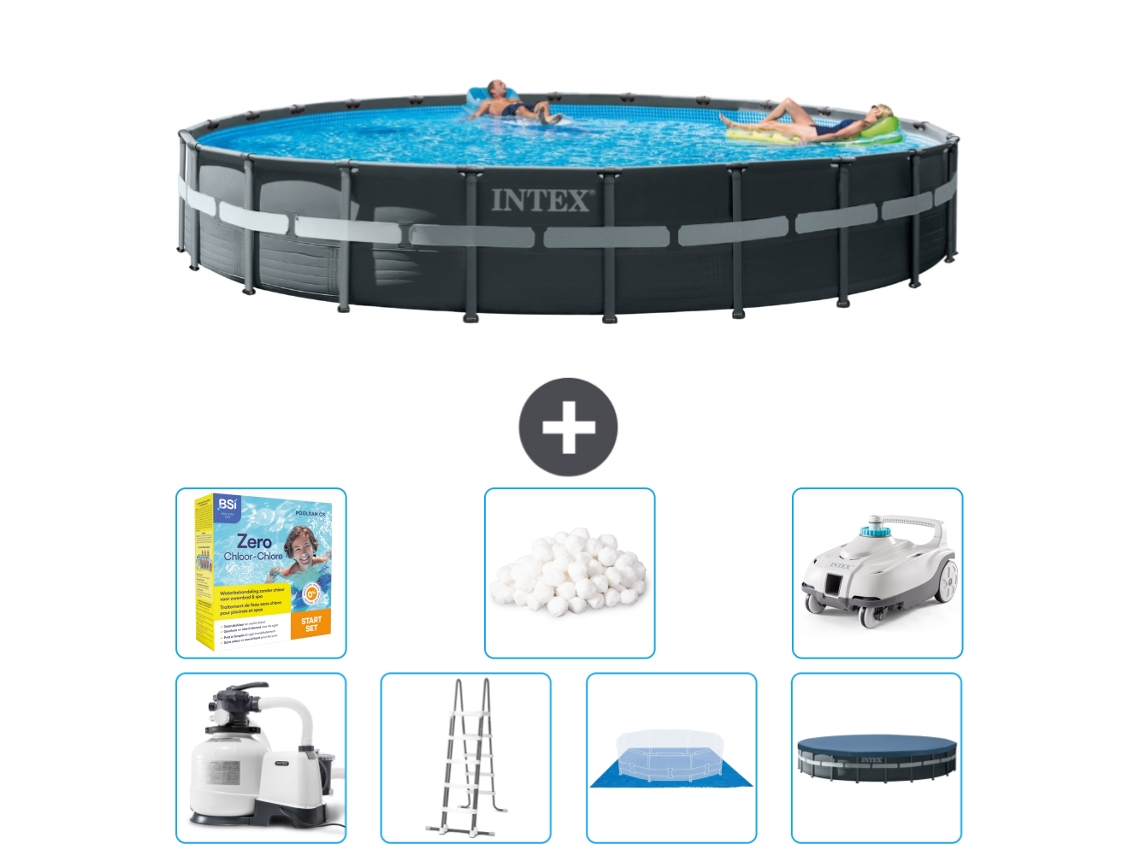 Piscina com Estrutura Redonda Ultra Xtr INTEX 732 X 132 Cm Inclui Bomba Escada Lençol Cobertura Acessórios Cb51