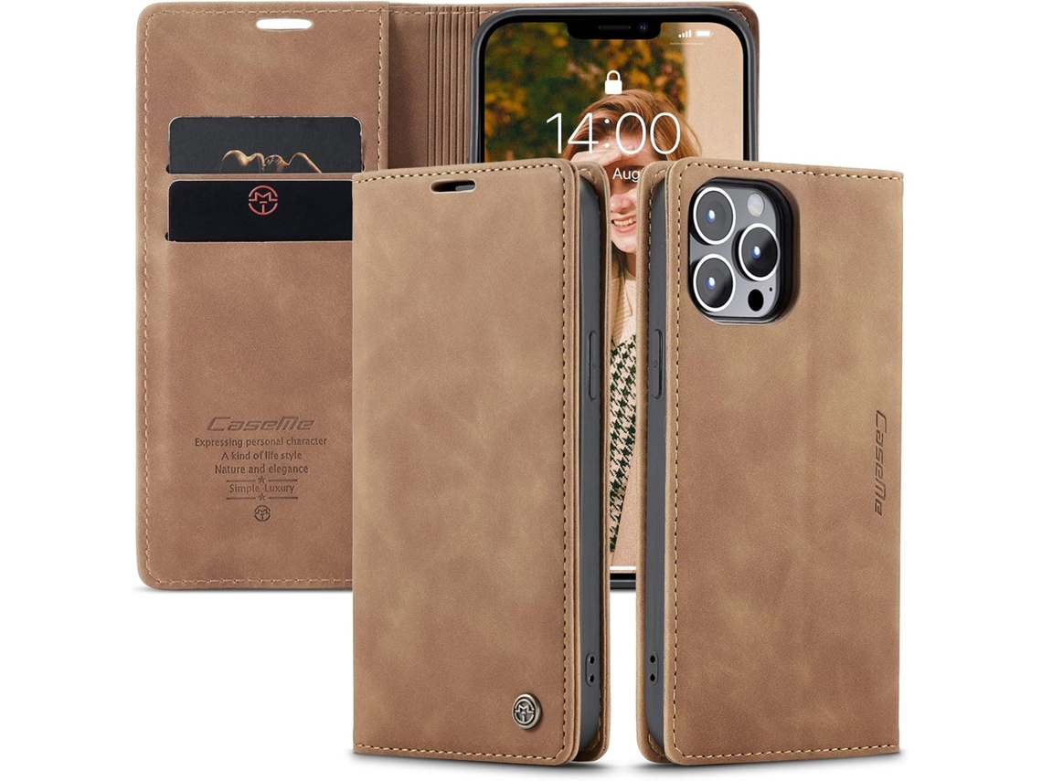 Capa Rfid Bloqueio Proteção para iPhone 14 HONGWE. Magnética com Porta-Cartões Castanho