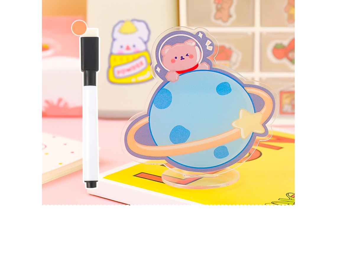 Pizarra Acrílica Borrable Con Soporte Oso Planeta Azul Para Oficina Agenda Cute Memo Board