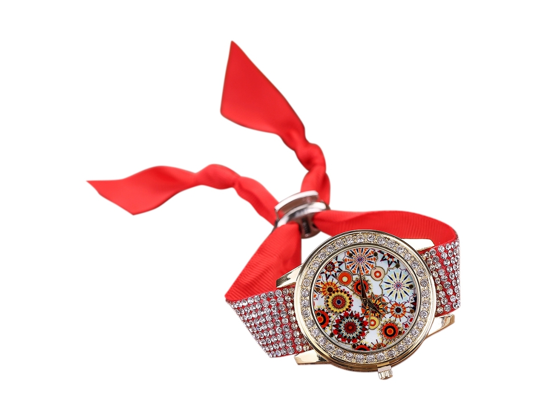 Relógio de Pulsera Feminino de Quartzo com Bracelete de Tecido e Strass (vermelho)