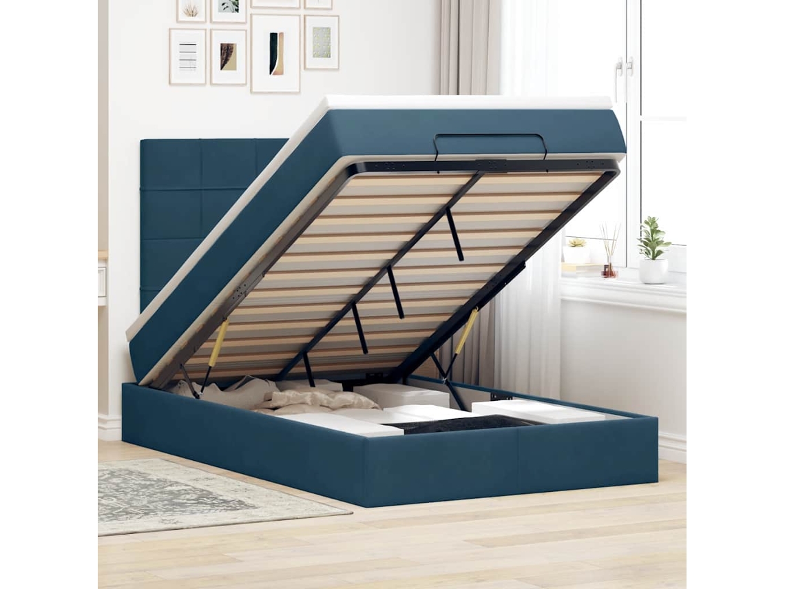 Vidaxl Estrutura De Cama Otomana Com Colchões Azul Escuro Veludo