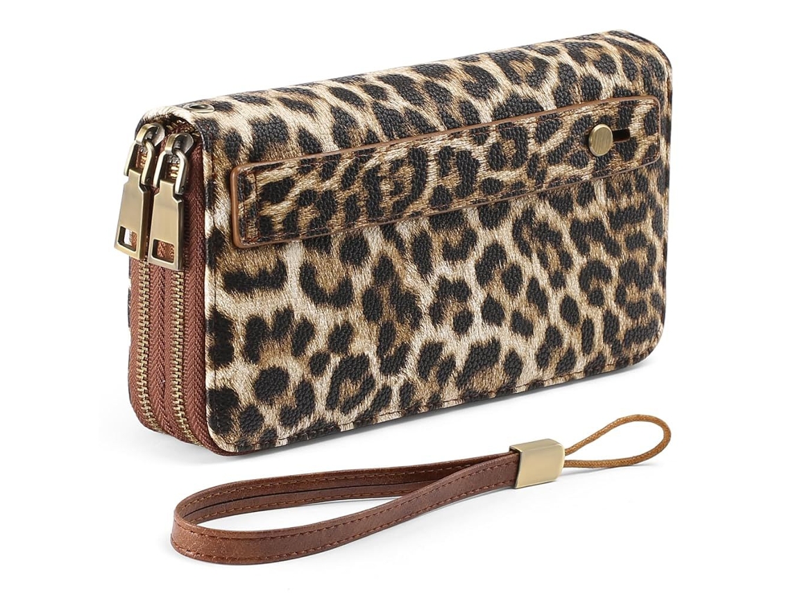 Bolso Com 2 Zippers Longo Para Senhora, Carteira Com Divisórias, 20*11*4cm, Estampa De Leopardo