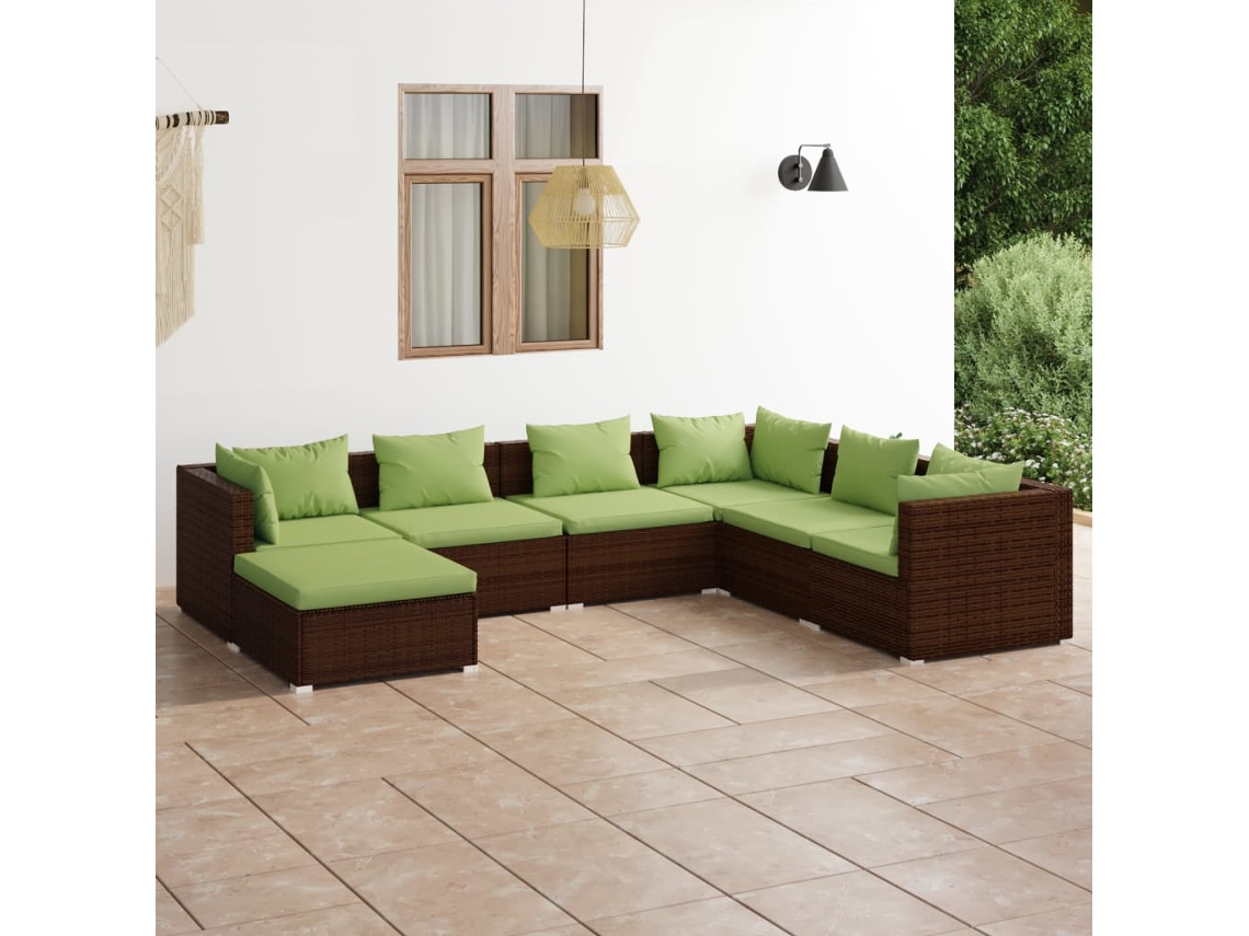 Vidaxl 7 Pcs Conjunto Lounge Jardim C/ Almofadões Vime Pe Castanho
