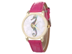 Relógio analógico de quartzo com pulseira de PU para mulheres e homens, mostrador colorido com cavalo-marinho (vermelho e rosa)