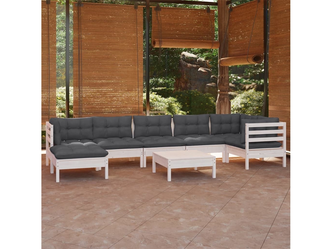 Conjunto de 8 Lounge de Jardim com Almofadões Pinho Maciço Branco MAISON EXCLUSIVE