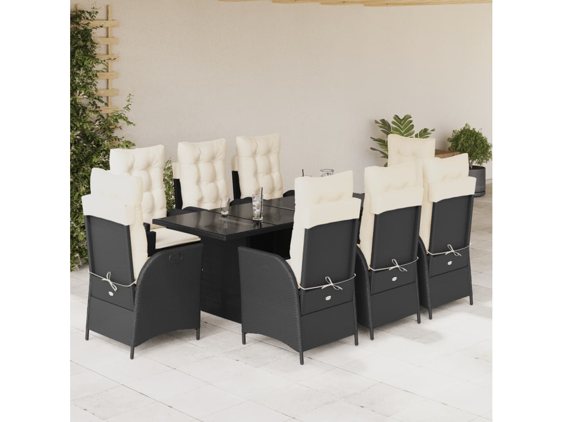 Vidaxl 9 Pcs Conjunto De Jantar P/ Jardim C/ Almofadões Vime Pe Preto