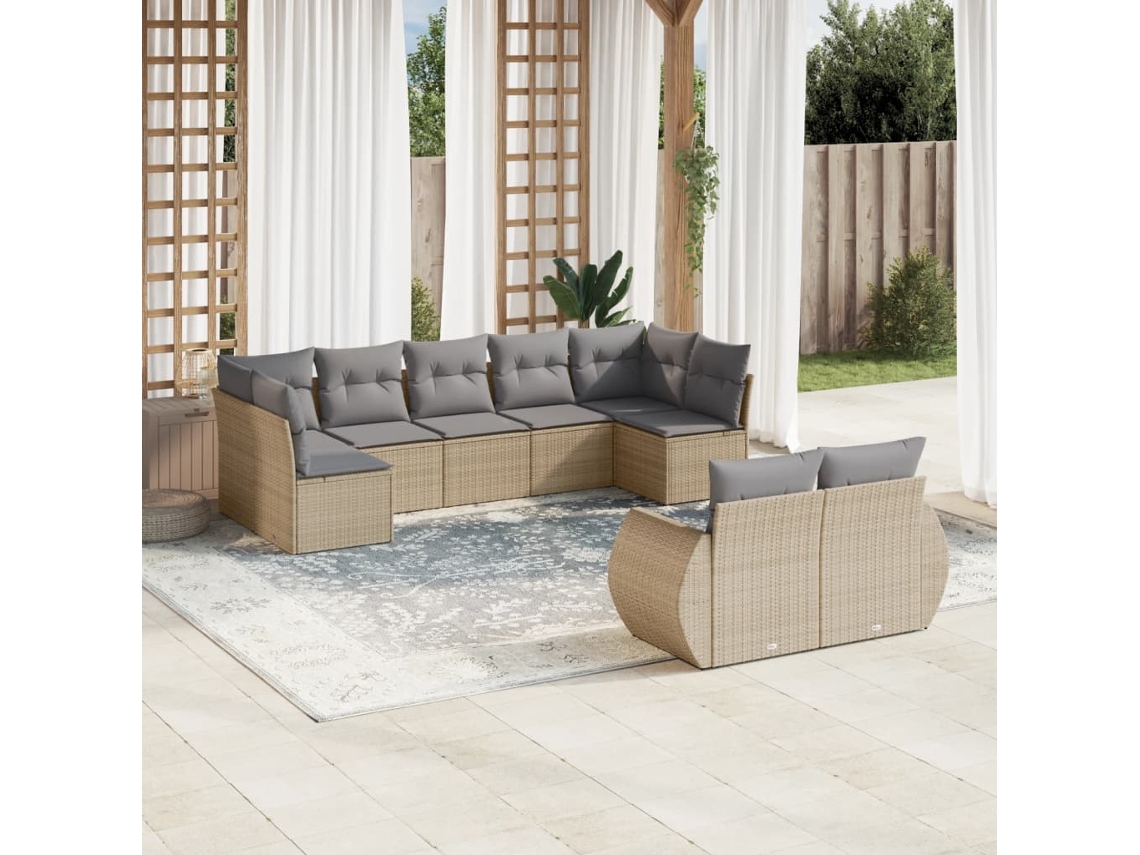 Vidaxl 9 Pcs Conjunto De Sofás P/ Jardim Com Almofadões Vime Pe Bege