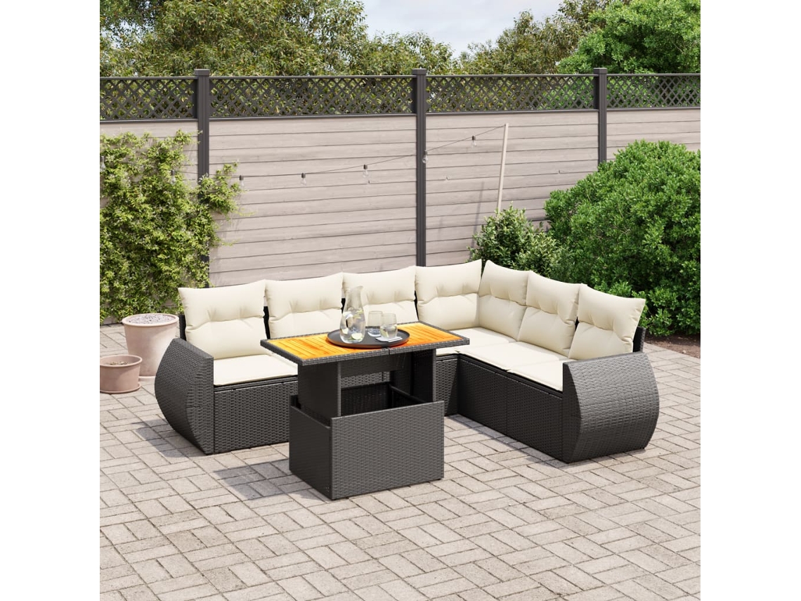 Vidaxl 7 Pcs Conjunto De Sofás P/ Jardim C/ Almofadões Vime Pe Preto