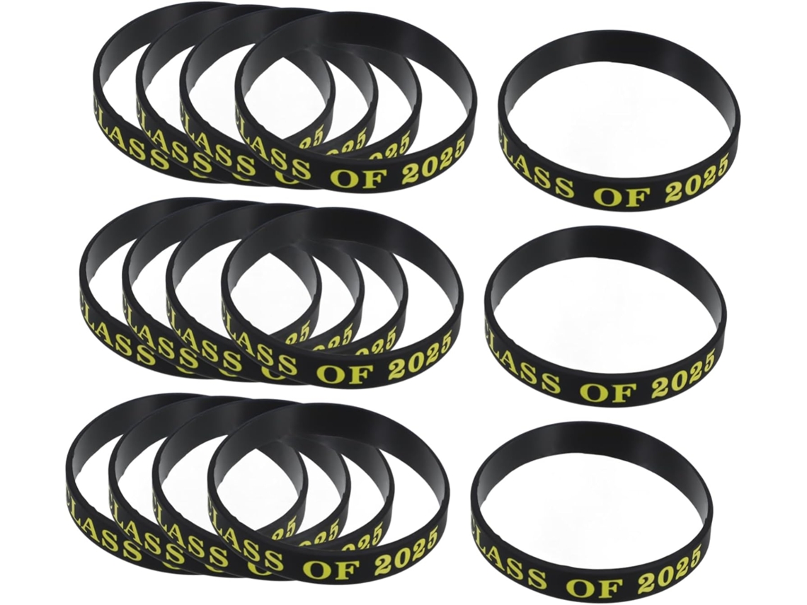 Pulseiras de silicone Pretas para Formatura 2025, rígidas e elásticas, 24 peças, acessórios para festa de Formatura