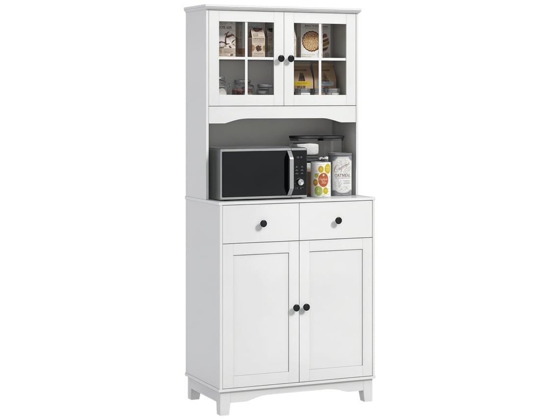 Armário de Cozinha Independente com Bancada para Micro ondas, Cafeteira, Armários, Portas de Vidro, Branco
