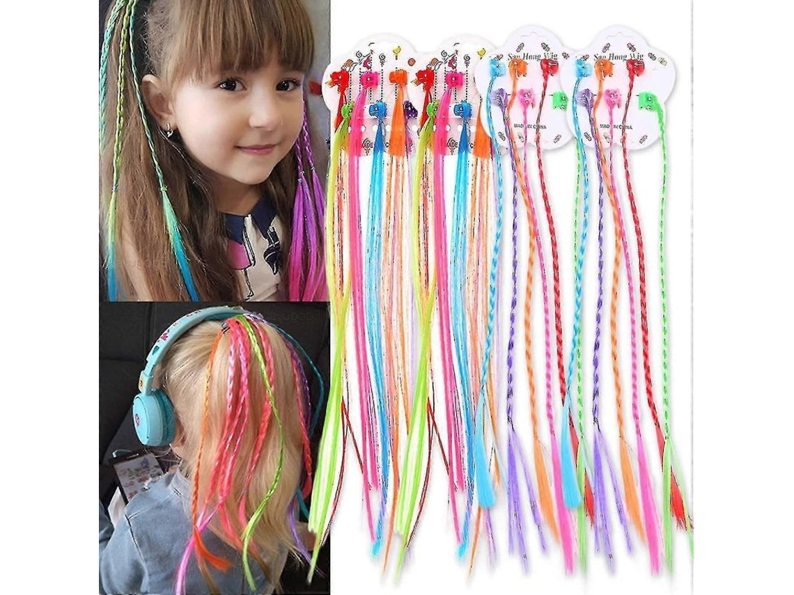 2026 24 Extensões de Cabelo para Crianças com Grampo Tranças Neon Clip on de Nylon Qualidade Alta 32cm