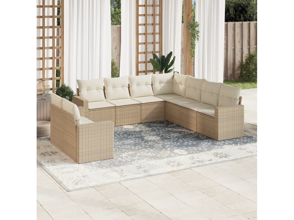 Vidaxl 9 Pcs Conjunto De Sofás P/ Jardim Com Almofadões Vime Pe Bege