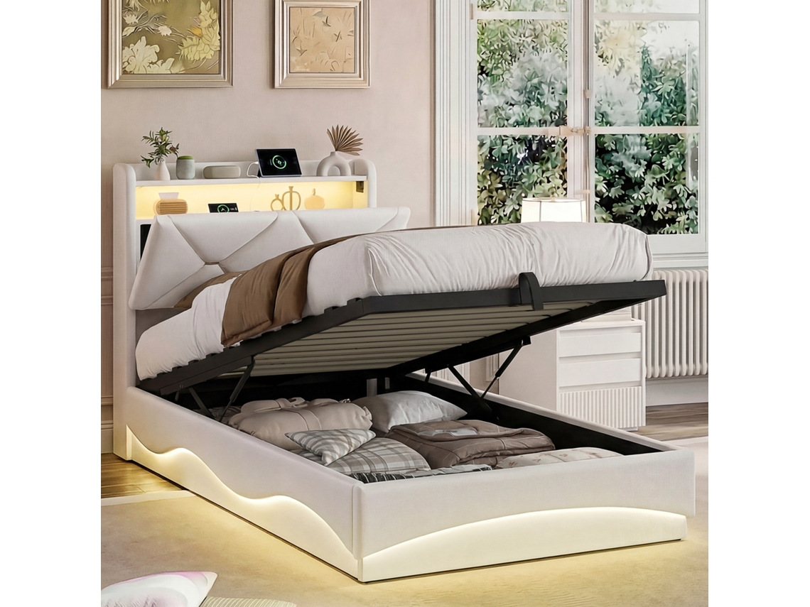 Cama Baú Bege em Veludo 90x200 Cm Led, Estação de Carregamento Usb/type c e Grande Espaço de Armazenamento YCONE