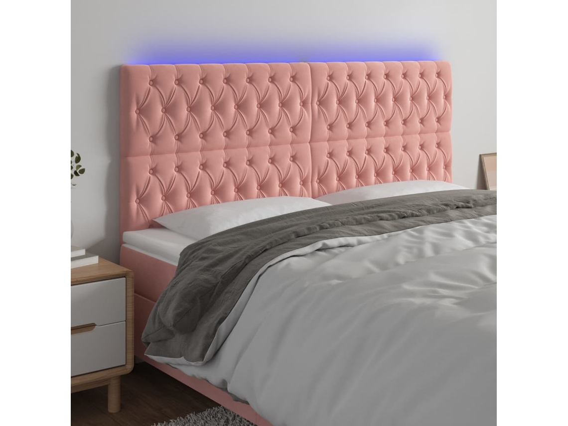 Vidaxl Cabeceira De Cama C/ Luzes Led Veludo 200x7x118/128 Cm Rosa