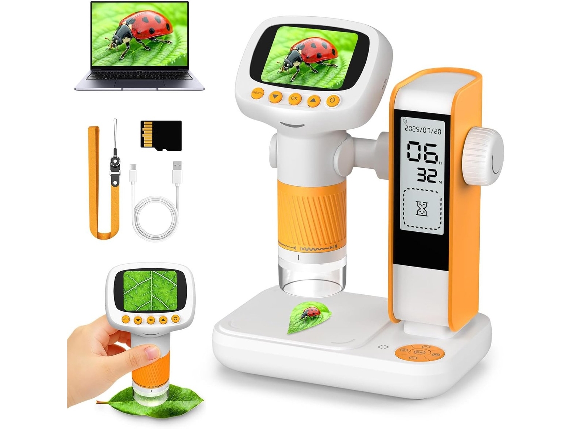 Microscópio Infantil 2 Em 1 Com Suporte Para Relógio, Ampliação De 1000x, Ecrã Ips De 2 Polegadas, 8 Leds, Usb, Azul.