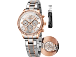Lurelia Relógio Feminino, Movimento De Quartzo, Luminoso, Detalhes Com Strass, Couro, Branco, Dourado