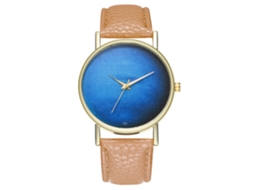 Relógio de quartzo unissex com pulseira de couro PU, mostrador com céu estrelado, casual e moderno (bege)
