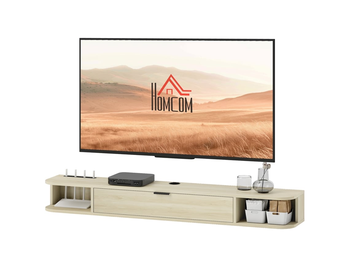 Móvel De Tv Suspenso Com Orifício Para Cabos Estilo Moderno Para Televisão 60 Polegadas, Em Madeira, 140 X 24 X 16 Cm