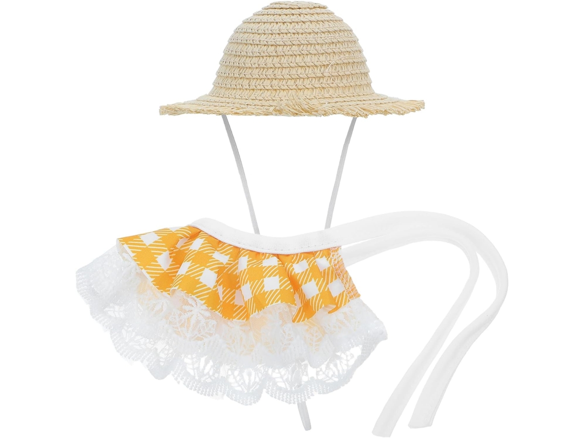Kichouse Kit de Fantasia de Ganso para Varanda, Chapéu de Palha com Tira para o Queixo e Gola Xadrez Amarela e Branca CHABERLU