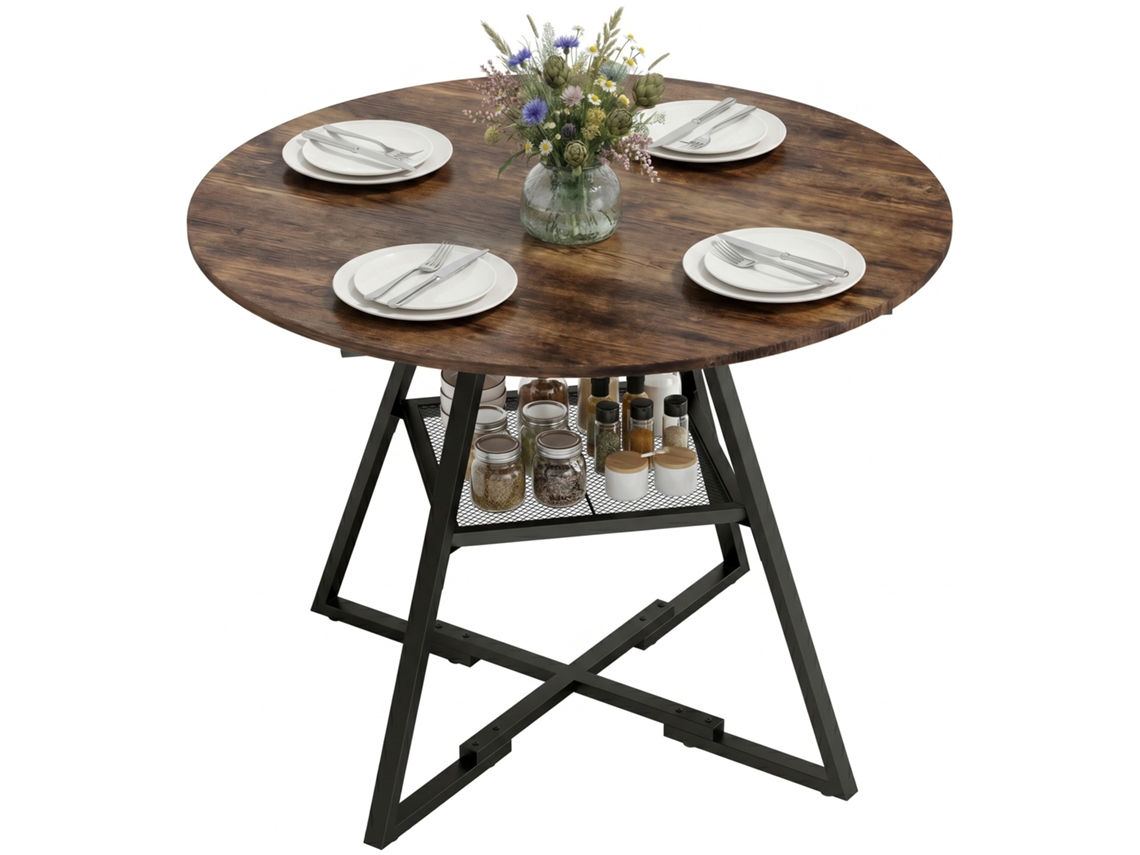 Mesa Redonda Para Quatro Pessoas, Diâmetro 100x76 Cm Para Cozinha, Amplo Tampo Com Prateleira, Castanho Rústico