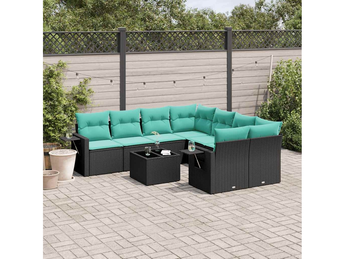 Vidaxl Conjunto De Sofá De Jardim De 9 Peças Com Almofadas Em Rattan Sintético Preto