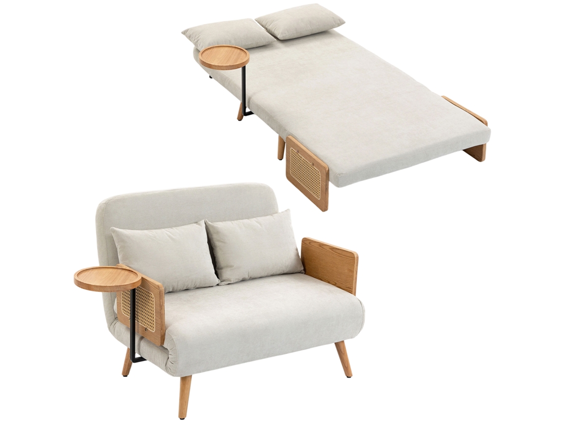 Sofá-cama Conversível 2 Lugares Tripla Função Em Chenille Branco Creme De Encosto Regulável E 2 Almofadas