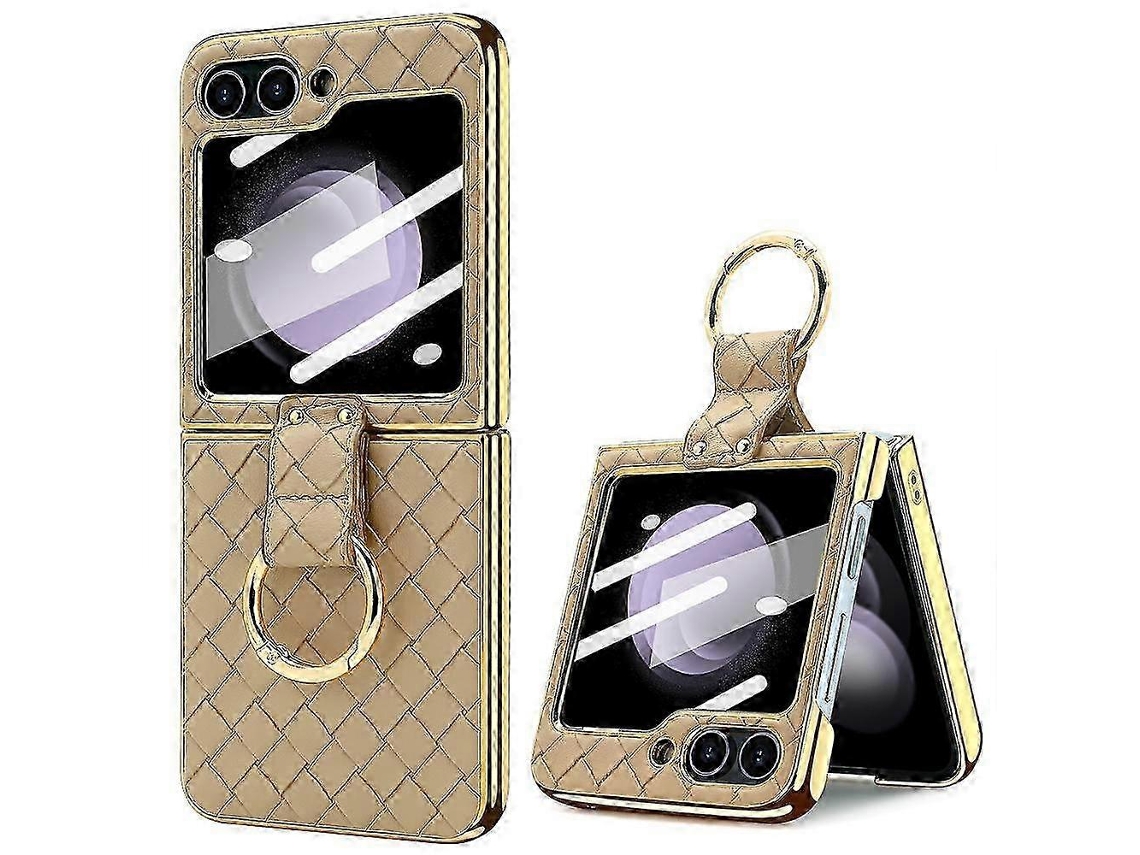 For Samsung Galaxy Z Flip5gold2026 Vietao Woven Leather Metal Ring Phone Case
