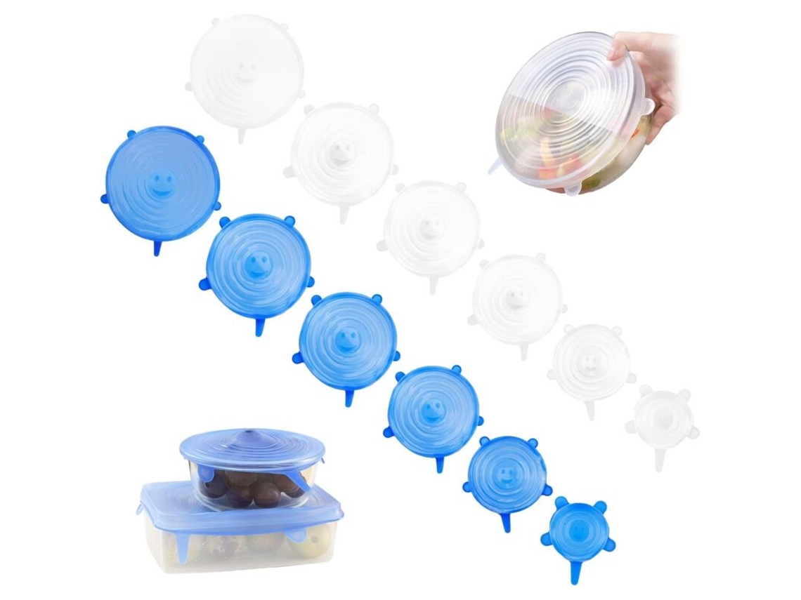 Conjunto De 12 Tampas De Silicone Para Alimentos. Reutilizáveis. Podem Ir Ao Micro-ondas. Elásticas. Ecológicas. Azul E Branco, Seguro
