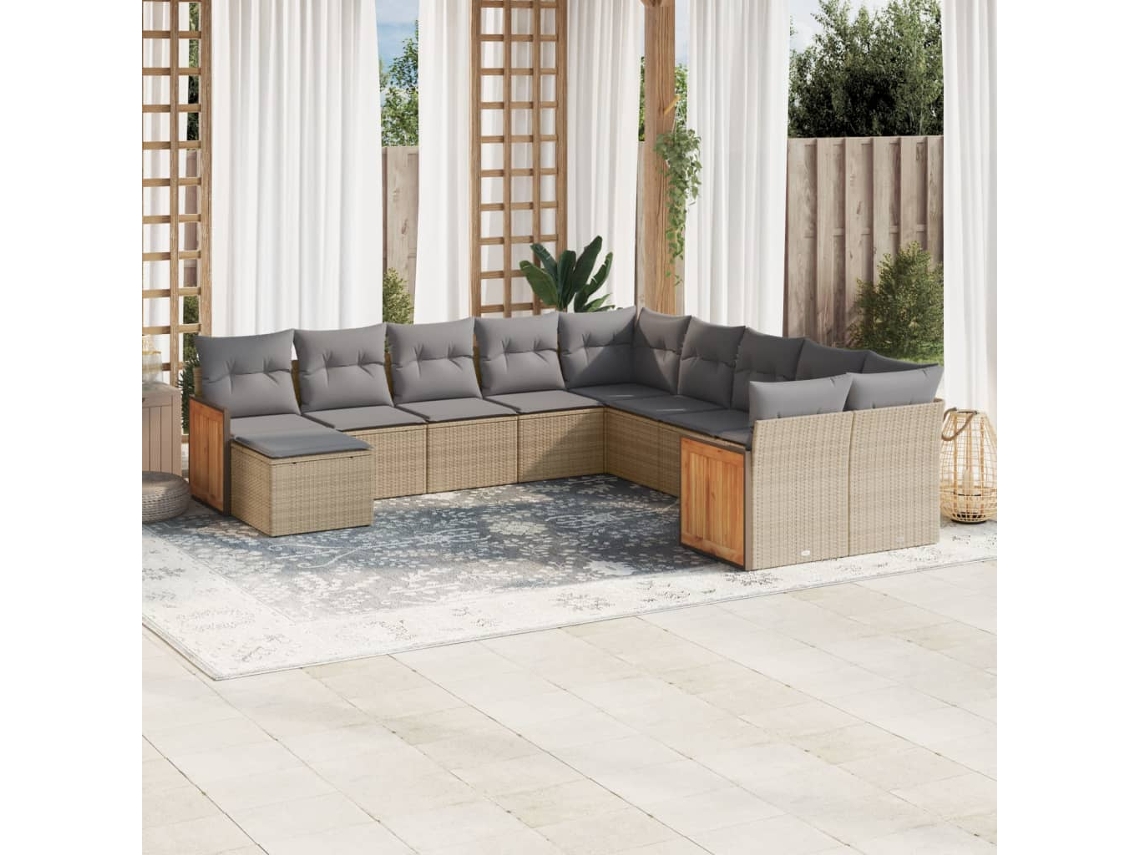 Vidaxl 11 Pcs Conjunto Sofás De Jardim C/ Almofadões Vime Pe Bege