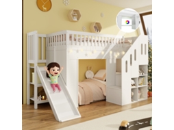 Beliche Infantil 90x200cm, Cama Alta Com Escorregador, Proteção Contra Quedas, Escada Com Baú, Fita Led, Madeira Maciça Branca.