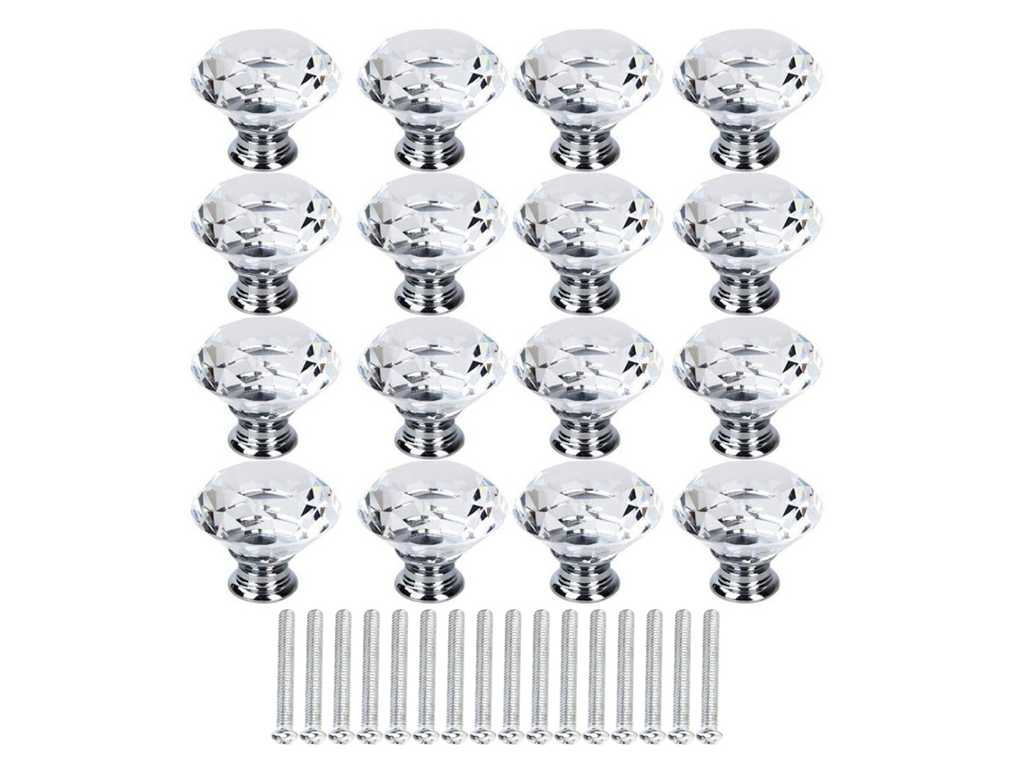 Laxiscreed: Conjunto De 16 Puxadores De Cristal Transparentes, 40mm, Para Mobília, Pack Completo