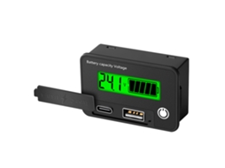 Testador de capacidade de bateria com voltímetro digital de 8 a 30 VCC e alarme de baixa tensão.