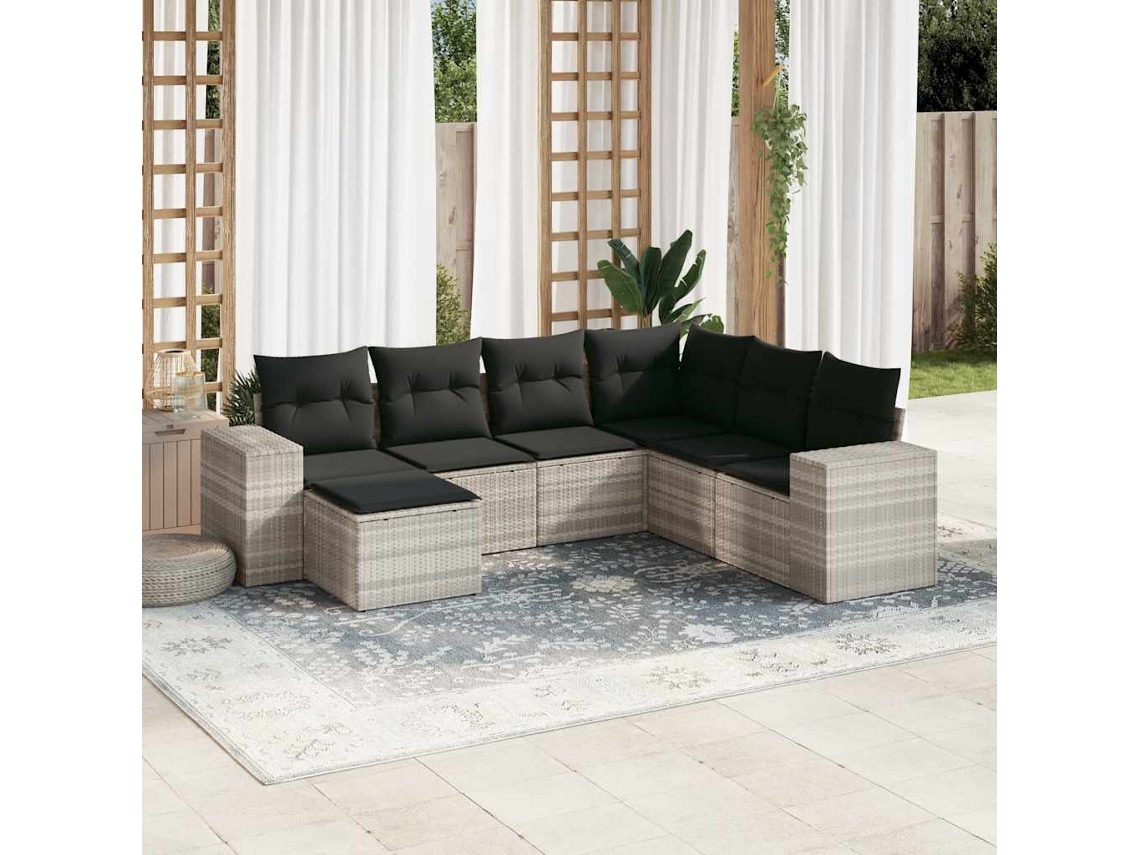 Vidaxl 7 Pcs Conj. Sofás Jardim Com Almofadões Vime Pe Cinzento-claro