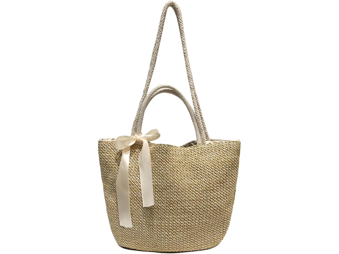 Bolsa Grande De Palha Trançada, Ideal Para Praia, Férias E Atividades Ao Ar Livre, Na Cor Cáqui.