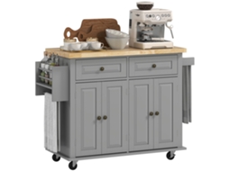 Ilha de Cozinha com Rodas Móveis Auxiliares de Cozinha com Suporte de Temperos e Barra Lateral 111x44,5x82,5 Cm Cinza Ge