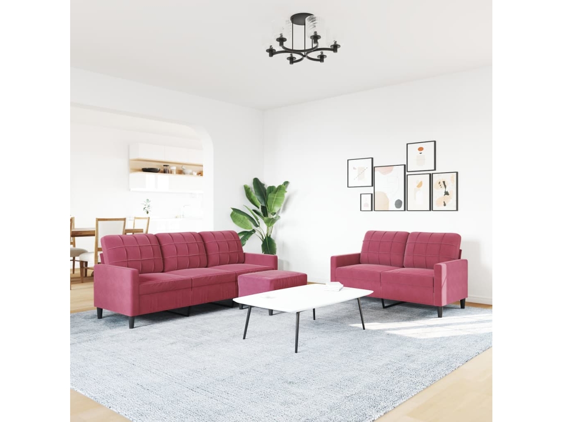3 Pcs Conjunto de Sofás com Almofadões Veludo Vermelho Tinto SYFAX