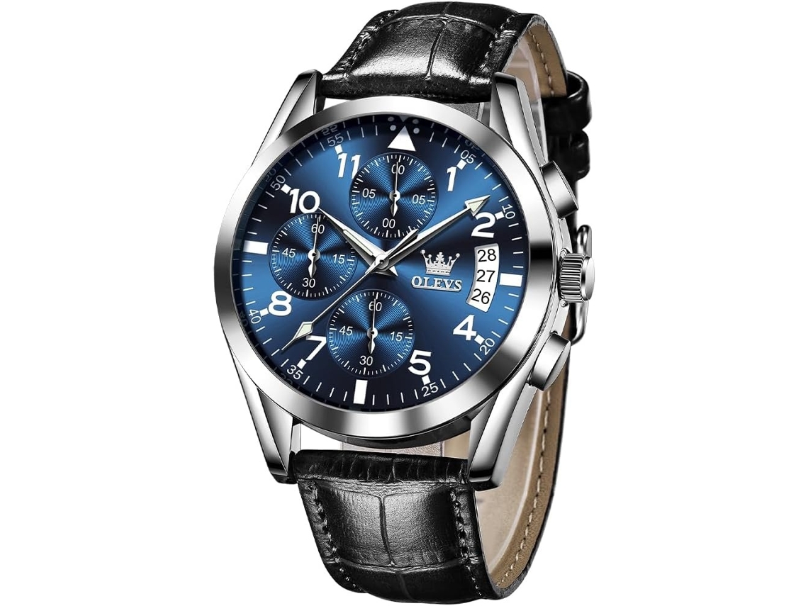 Lurelia Relógio Cronógrafo Masculino, Movimento De Quartzo, Data/calendário, Luminoso, Couro, Resistente À Água 30m, Preto E Prata