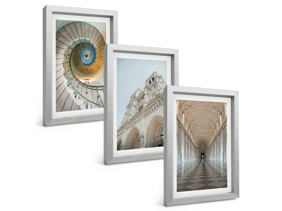 Composição De Quadrosescada Em Espiral, Fachada De Catedral Moldura Prateada Pinturas De Quarto Espelharte (3 Peças 20x30 Cm)